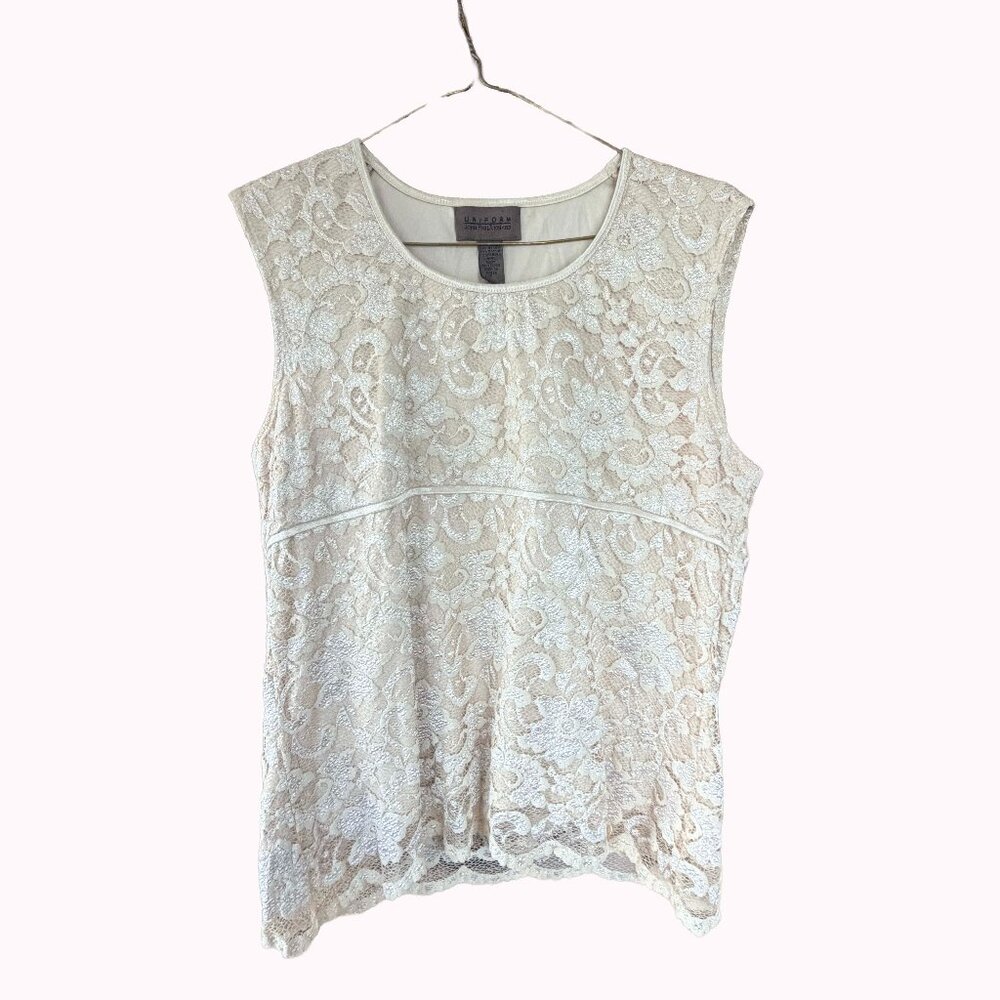 UNIFORM John Paul Richard Metallic Lace Shell Top Cream Silver Size L Y2K Romant